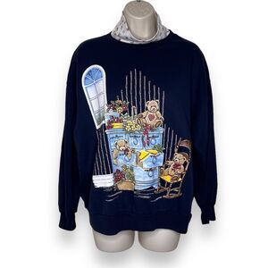 Vintage Basic Editions Navy Sweatshirt Floral Turtleneck Teddy Bear Women Small